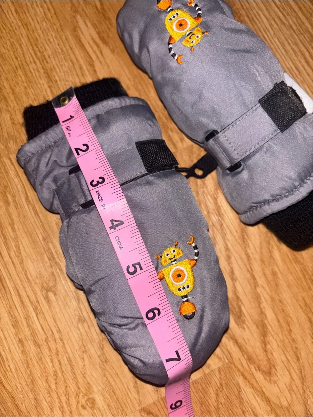 3M Thinsulate Gray Kids Mittens with Orange Robot Embroidery